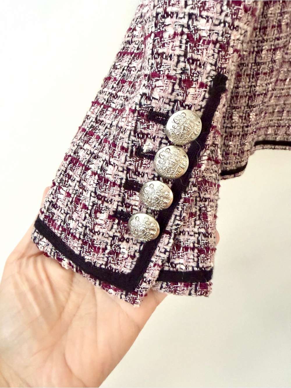 VERONICA BEARD | Theron Tweed Double Breasted Blazer Jacket Pink Black Trim Sz 6 - Picture 9 of 12